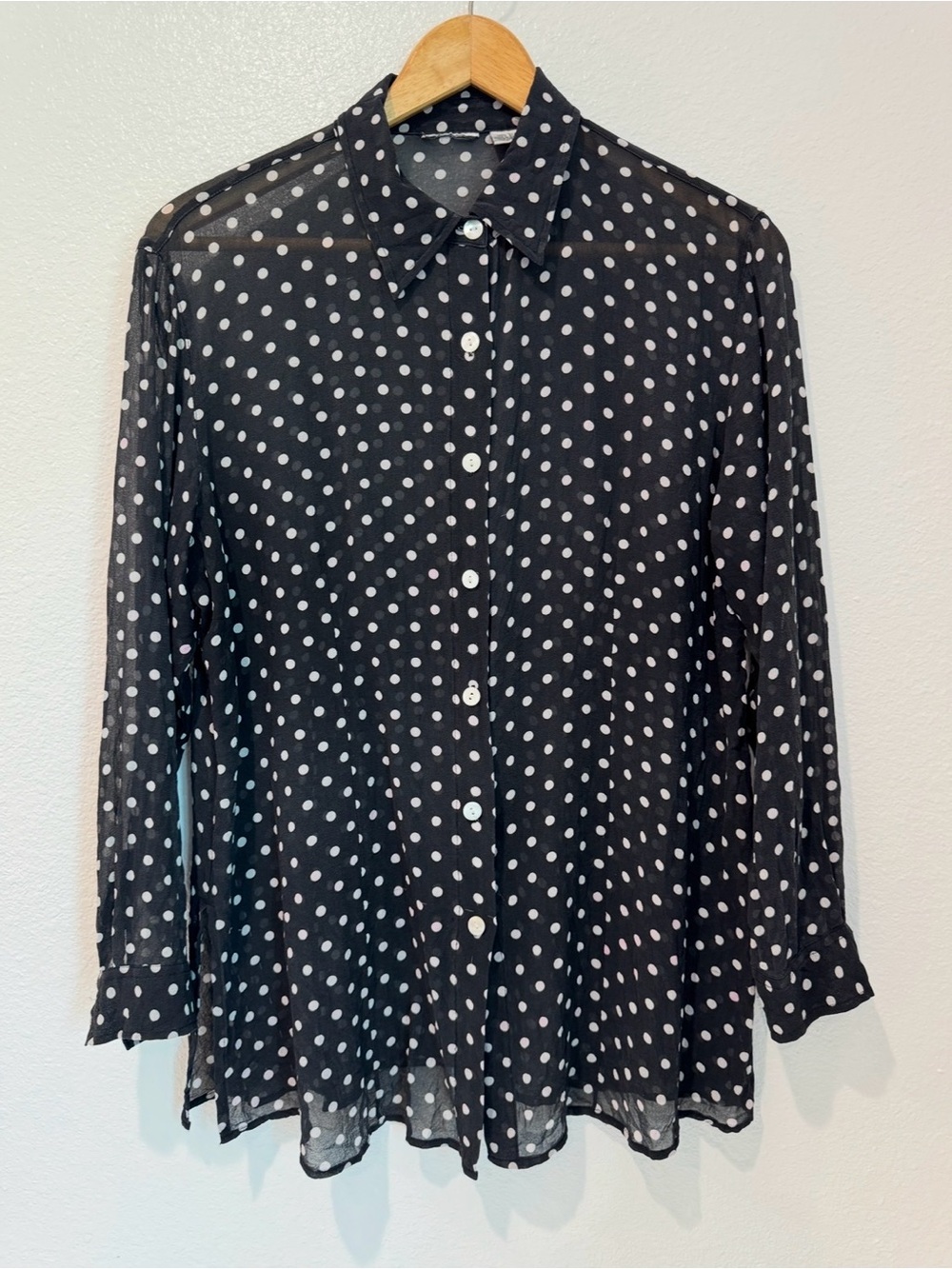 100% Silk Sheer Polka Dot Long Sleeve Button Down Blouse Parisian Chic S/M